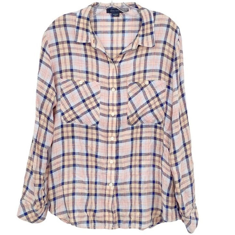 Sanctuary 'Steady Boyfriend' Shirt in 'Indian Summer' Plaid Linen Blend Sz S